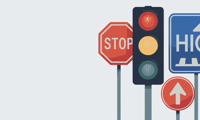 Vector flat illustration of road traffic signs: stop sign, traffic light, highway sign and direction arrow for transportation, navigation apps, road safety campaigns, urban signage design