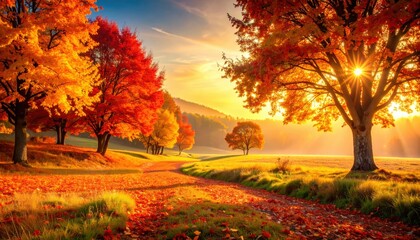 Fototapeta premium Autumn leaves falling scenic forest path nature photography vibrant colors morning light serene landscape