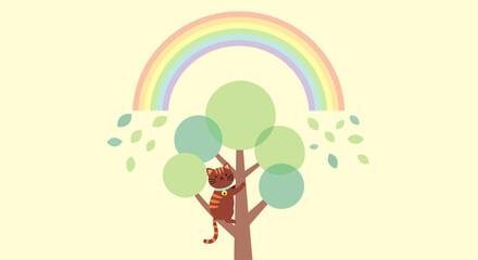 Whimsical illustration of a cat climbing a tree under a vibrant rainbow backdrop