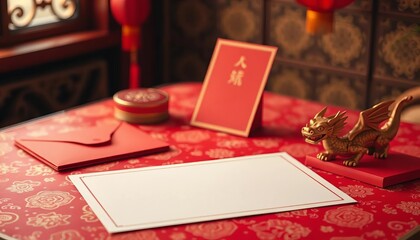 Blank paper on red-gold patterned table, red envelopes, dragon figurine, warm light,  table,  paper texture