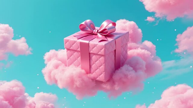 Pink gift box floating on fluffy clouds against a bright blue sky