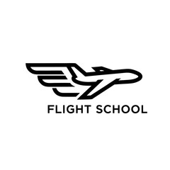 Minimalist Flight School Logo With Airplane Silhouette and Wings, Bold Outline