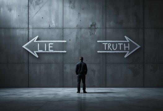 Person contemplating two opposite directions with choice between truth and lie on concrete wall