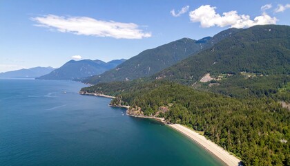 Obraz premium An aerial view shows a forested shoreline curving along a calm body of water, with mountains rising in the background.