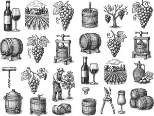 Vintage Wine Illustration Set: Grapes, Barrels, and Winemaking Tools