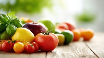 Fresh and Colorful Fruits and Vegetables Displayed on a Wooden Surface for Healthy Eating
