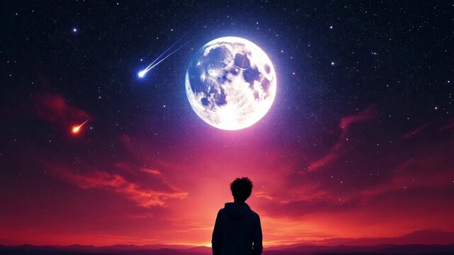 Person gazing at a large full moon with a shooting star in a vibrant n
