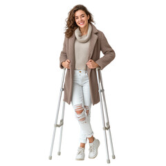 A woman on crutches isolated on transparent or white background, png
