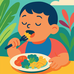 Vsai happy child enjoying a healthy meal of vegetables and pasta