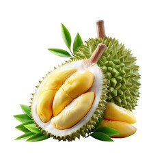 Obraz premium Fresh Durian Fruit with Rich Yellow Flesh Surrounded by Green Leaves, Isolated on White Background, Tropical Culinary Delight and Exotic Flavor Experience