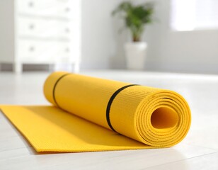 Rolled yellow exercise mat on light floor, partially unrolled
