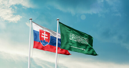 Slovakia and Saudi Arabia friendship flags are waving in the sky. Two country flag for agreement or deal. Slovakia KSA national flag for commitment.