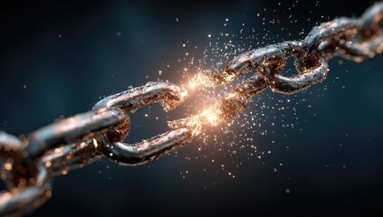 A metal chain breaks apart, sparks flying