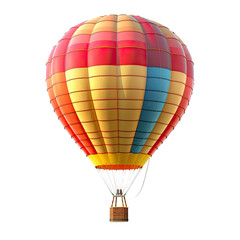 Colorful hot air balloon against a black background.  Vibrant panels of red, orange, yellow, and blue create a visually appealing design.  Basket is a muted brown.  Detailed, 3D rendering