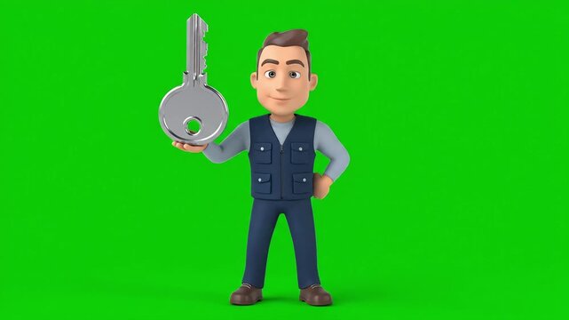 Cheerful 3D Animated Handyman Character Proudly Presents a Large Silver Key on Green Screen.