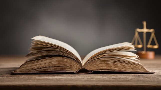 Law Book Open on Wooden Table with Scales of Justice in Background