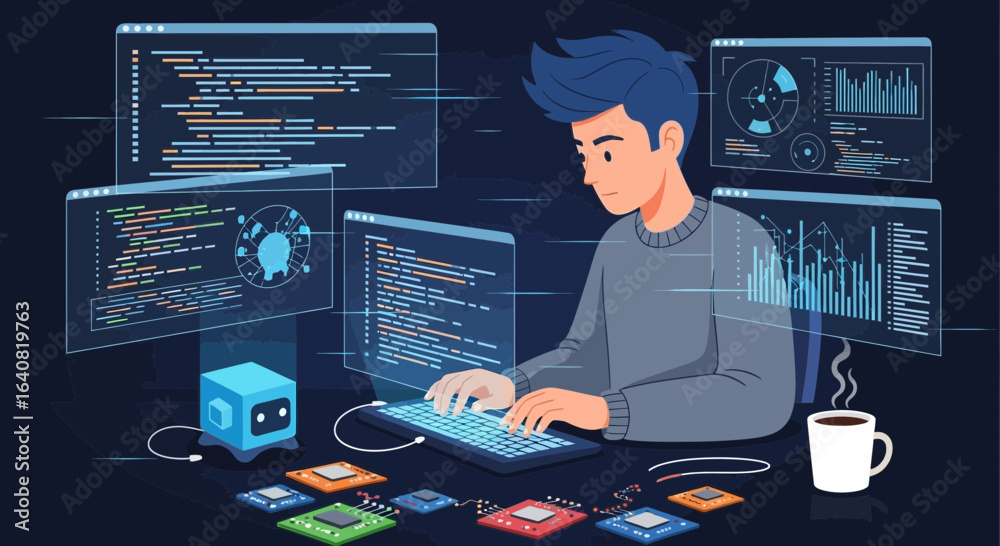 Wall mural young developer working on data analysis and artificial intelligence solutions