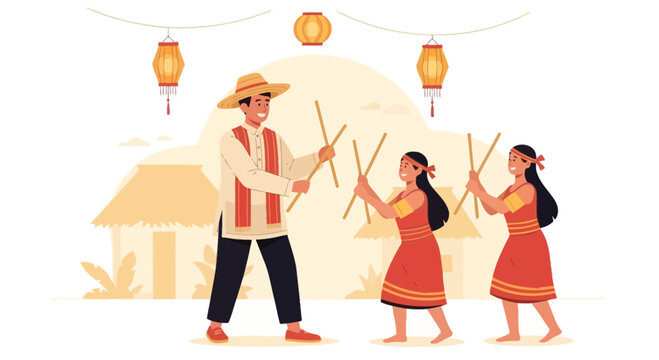 Tinikling Dancers Perform Traditional Philippine Folk Dance with Bamboo Poles