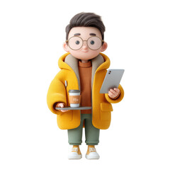 Young man with glasses wearing cozy yellow jacket holding coffee cup and smartphone, engaged in a modern trendy lifestyle in urban setting