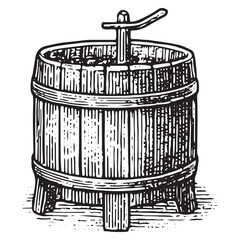 Vintage Wooden Bucket with Stirring Stick Illustration: Essential Winemaking Tool