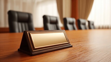 Boardroom Table with Blank Nameplate for Custom Text and Leather Chairs for Meetings