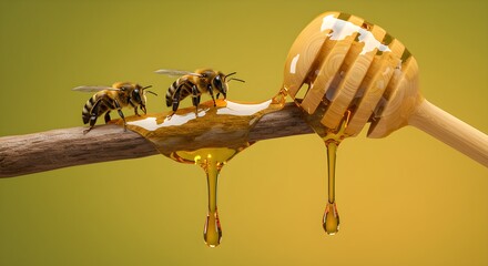 Close-up of two bees standing on a branch with dripping honey, with a honey dipper on the right, showcasing the beauty of nature's sweetness.