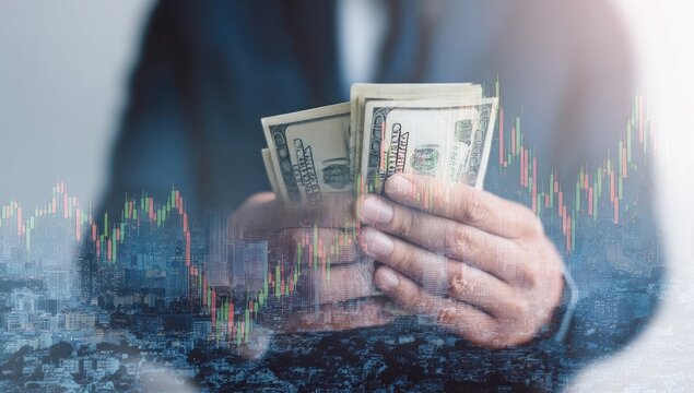 Businessperson holds US dollars, financial chart overlay