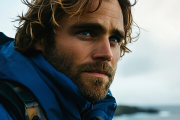 Rugged adventurer with windblown hair and determined expression