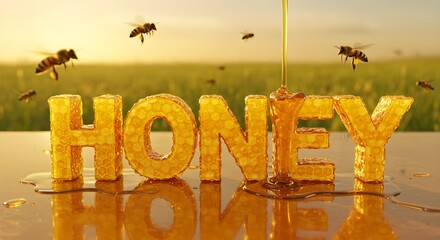 The word 'honey' made of honeycomb with golden honey pouring, and bees.