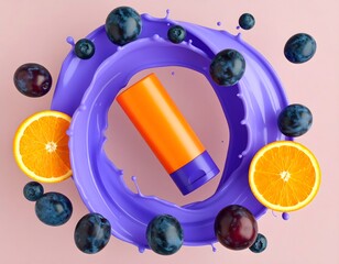 Orange Tube with Purple Swirl, Plums, Blueberries and Oranges on Light Pink Background