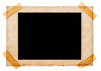 aged photo frame with tape, isolated on background.