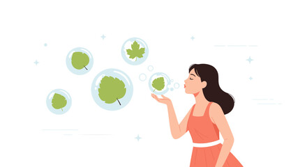 Woman Blowing Bubbles Containing Leaves Symbolizing Natural Beauty and Tranquility