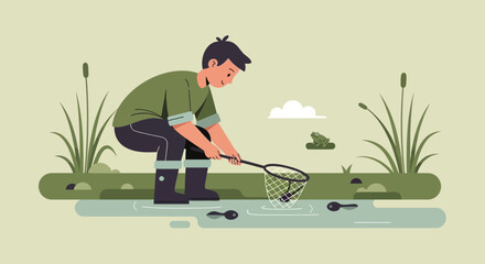Young Enthusiast Exploring Wildlife Catching Tadpoles In A Quiet Pond Illustration