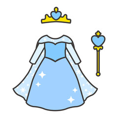 Princess outfit illustration with sparkling blue dress, tiara crown, and wand. Great for planners, kids printables, digital sticker sets, and fantasy-themed graphics. PNG + vector included.