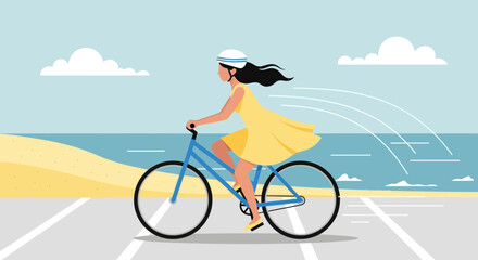 Fototapeta premium Woman Enjoying a Bike Ride Along The Coastline on a Sunny Day