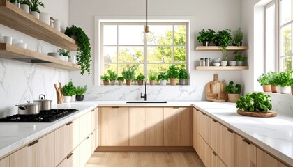 Fototapeta premium A modern kitchen with light wood cabinets, white countertops, and various potted plants on shelves and the windowsill.