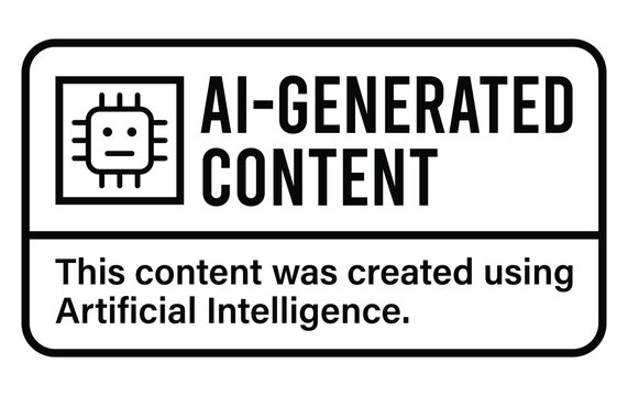 ai generated content disclaimer or warning label graphic with microchip icon on white background