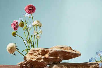 Bright red and white flowers on a natural wood stand over a pale blue wall, making an ideal minimal scene for elegant product showcases.