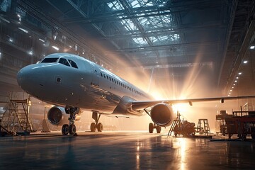 Aircraft in hangar bathed in golden sunlight