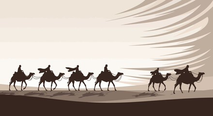 Fototapeta premium Silhouette Caravan Across Desert Scene For Travel And Adventure Concepts