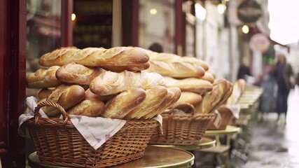 Baskets full of freshly baked baguettes on display outside a charming bakery shop