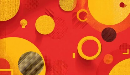 Abstract geometric design with yellow circles and shapes on a red background