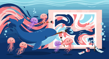 Underwater art studio with a whale and jellyfish painting a colorful abstract masterpiece