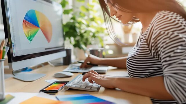 Creative designer working on digital graphics project with color wheel on screen