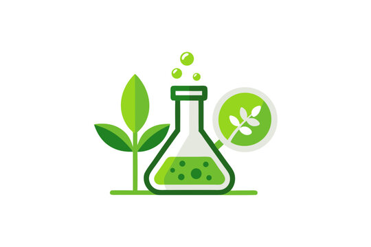 green chemistry lab icon with eco flask and plant,