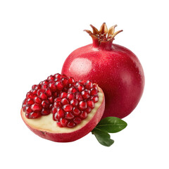 Fresh and Juicy Pomegranate with Bright Red Arils and Crisp Green Leaf Isolated on White Background for Healthy Lifestyle and Nutrition Concepts