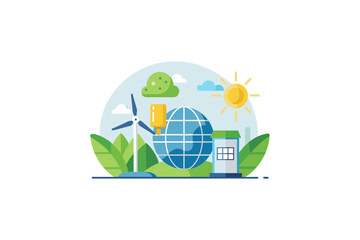globe with solar panel and wind turbine icon design