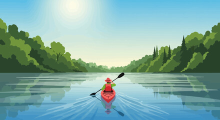 Vector illustration of a man kayaking on a serene river surrounded by lush green forests under a clear sky