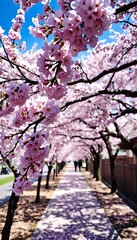 Naklejka premium Cherry Blossom Pathway in Full Bloom – Pink Sakura Trees Overhanging a Sunlit Walkway