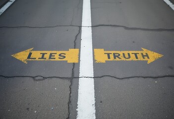Directional road markings indicating contrasting choices between lies and truth on asphalt